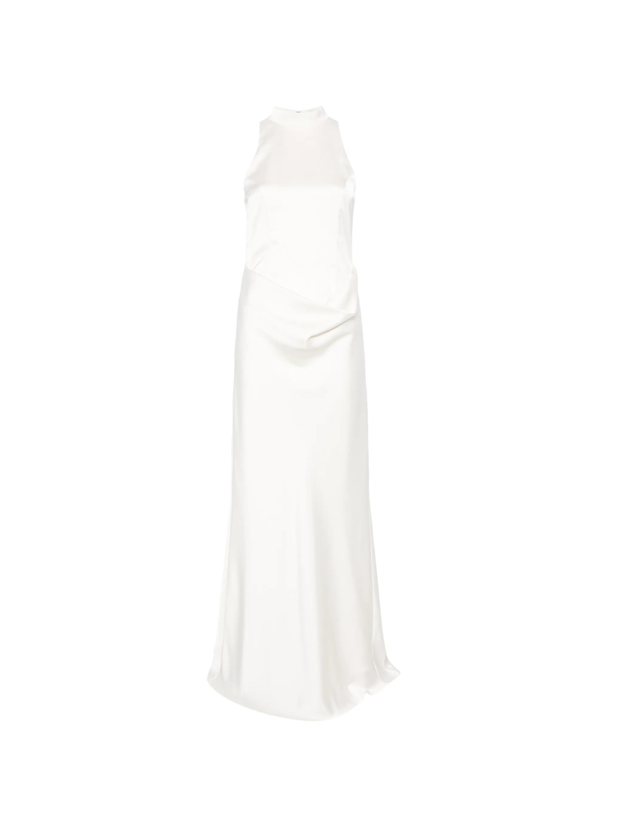 High-Neck Sleeveless Satin Dress with Draped Waist and Train