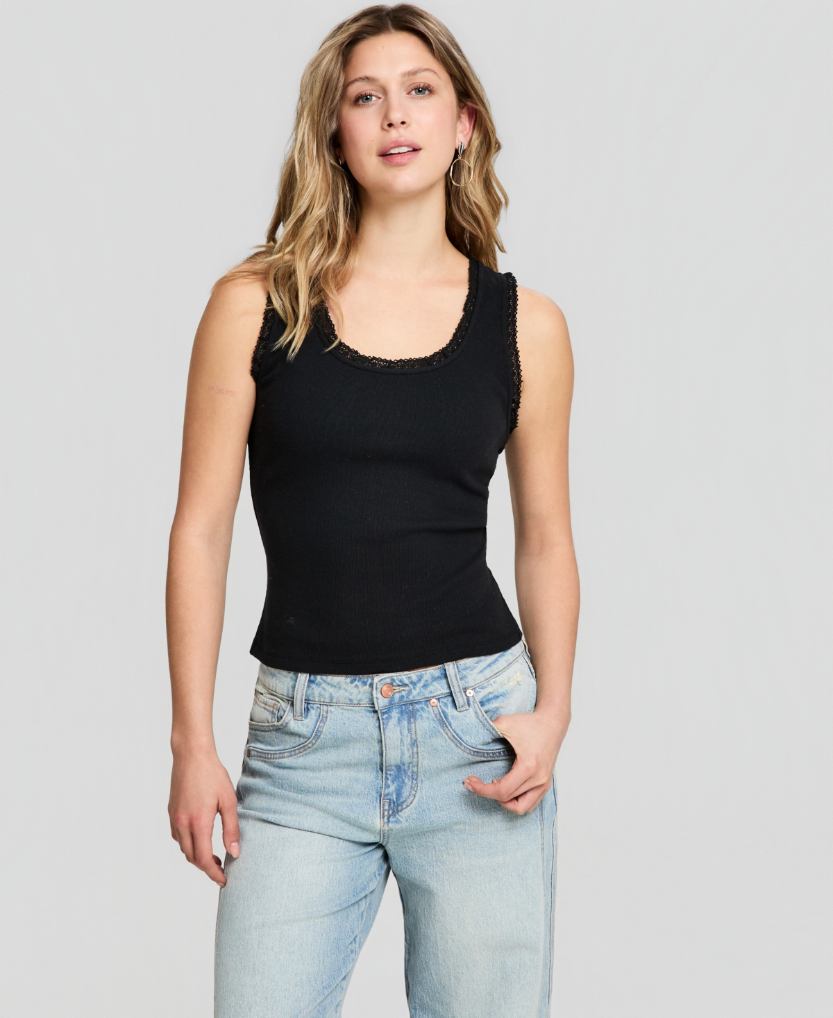 Women's Crocheted-Trim Ribbed Tank Top, Macy's Exclusive - Black