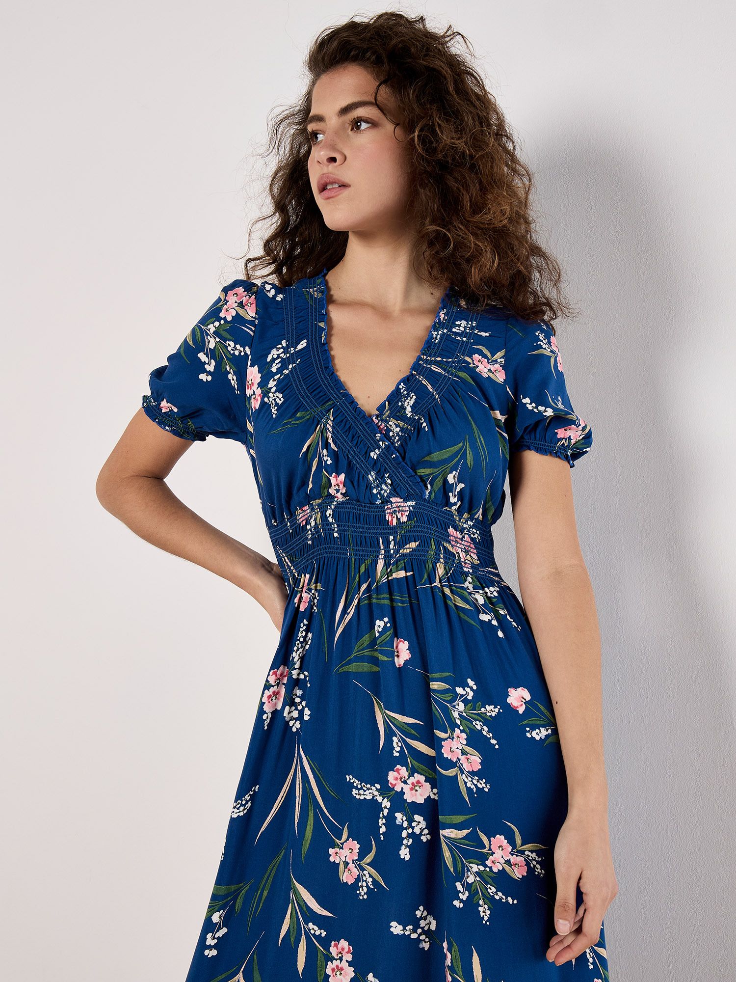 Apricot Women's Watercolour Floral Smocked Maxi Dress in Blue