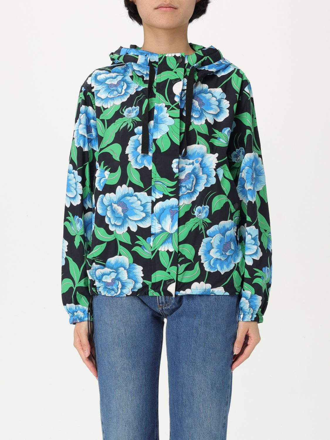 Peonies-print windbreaker - Black