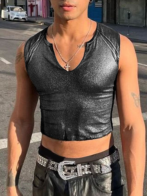 Mens Shimmer Cropped V-Neck Sleeveless Tank SKUL03661 - Silver / S