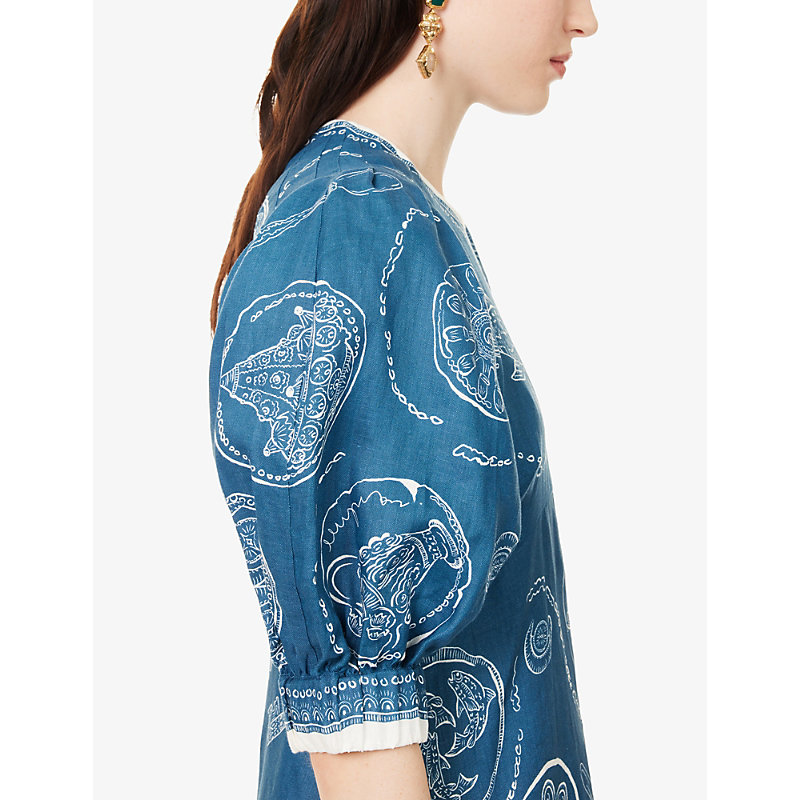 Womens Lucky Short-Sleeve Linen Midi Dress