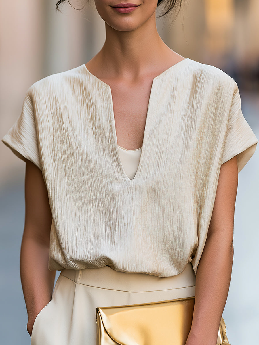 Minimalist Textured V-Neck Blouse With Relaxed Short Sleeves - Beige