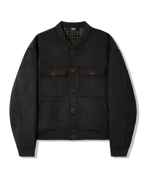 Two Pocket Button Suede Bomber Jacket_Black