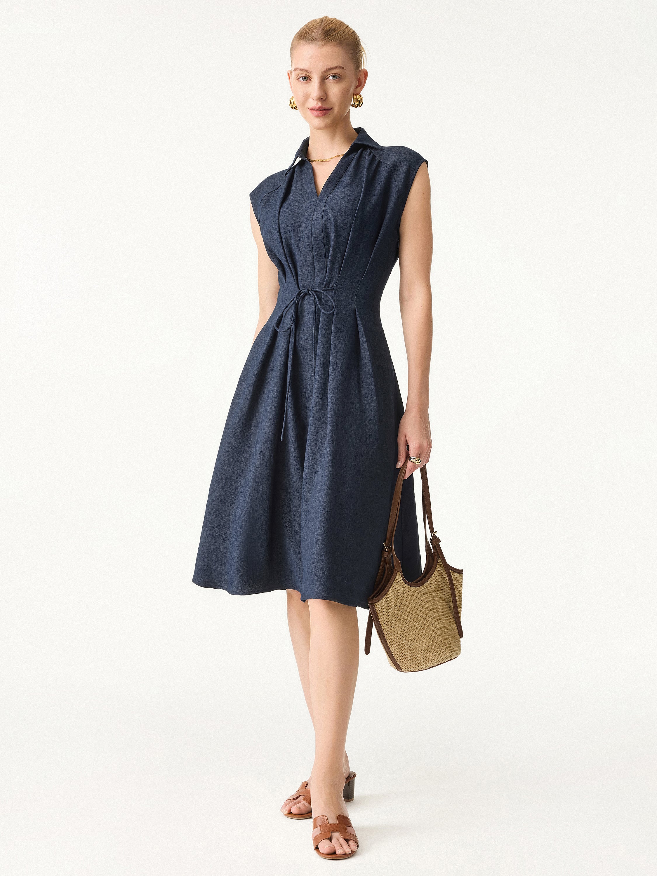 Viscose-Linen Collared V-neck Midi Dress with Drawstring - Denim Navy