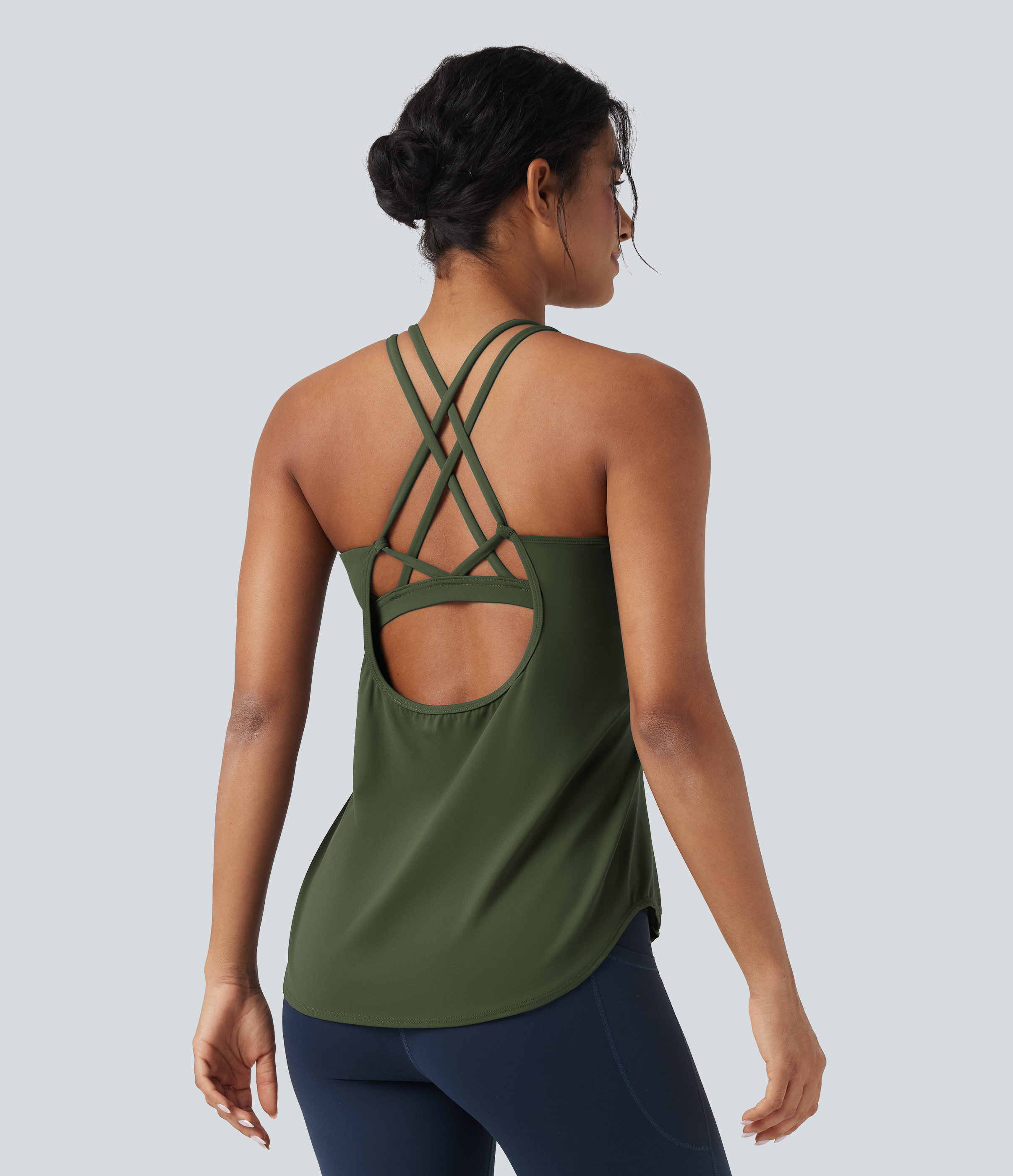 UltraSculpt™ Round Neck Crisscross Back Running Tank Tops DD-F Cups Tank Top - Deep Woodland Green
