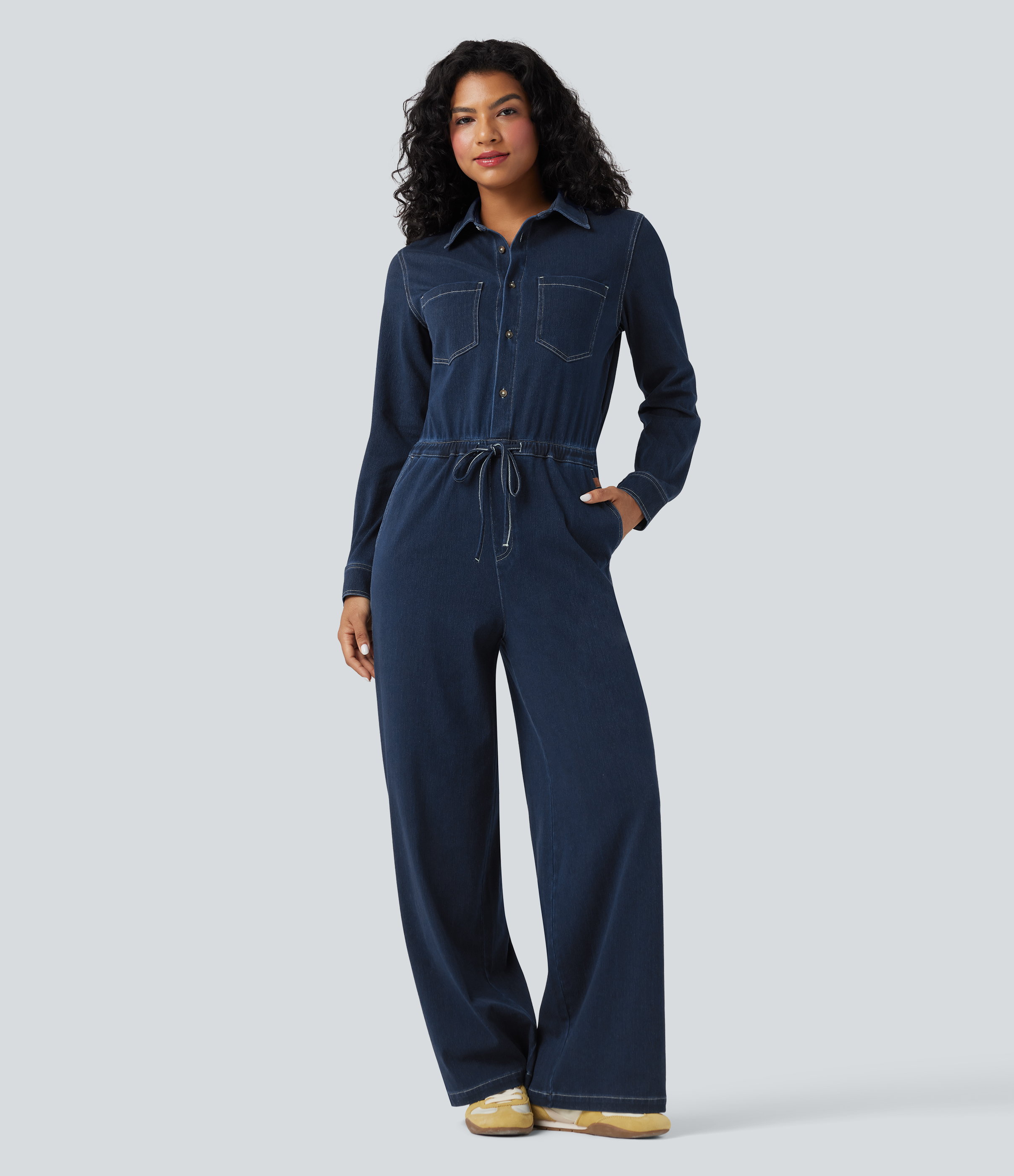 Halara Halara Flex™ Long Sleeve Drawstring Wide Leg Washed Denim Casual Jumpsuit with Pockets-Easy Peezy Edition - Inkling Blue Deni
