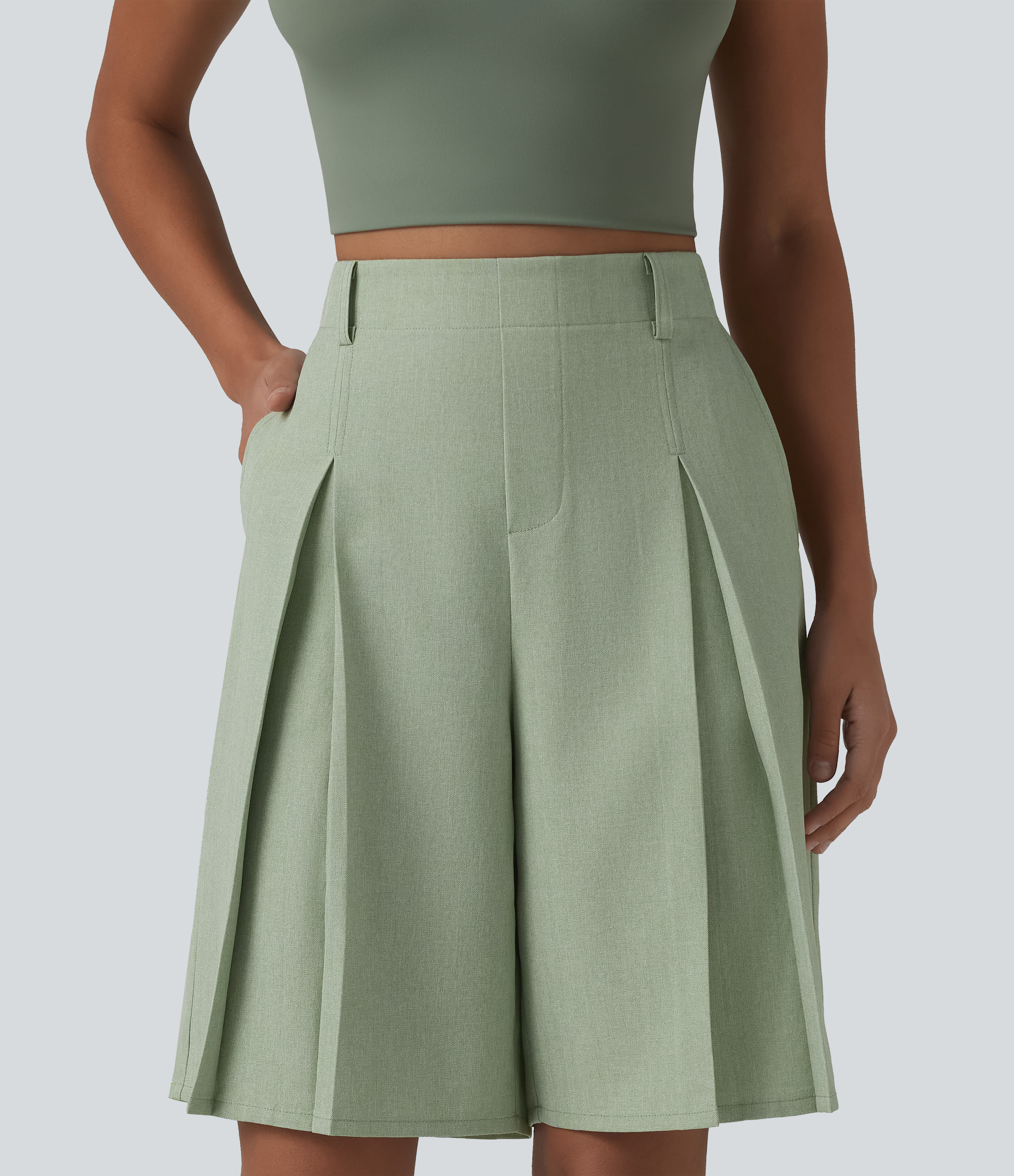 Halara Wrinkle-resistant High Waisted Invisible Zipper Pleated Linen-Feel Casual Bermuda Baggy Shorts with Pockets - Sage Herringbone