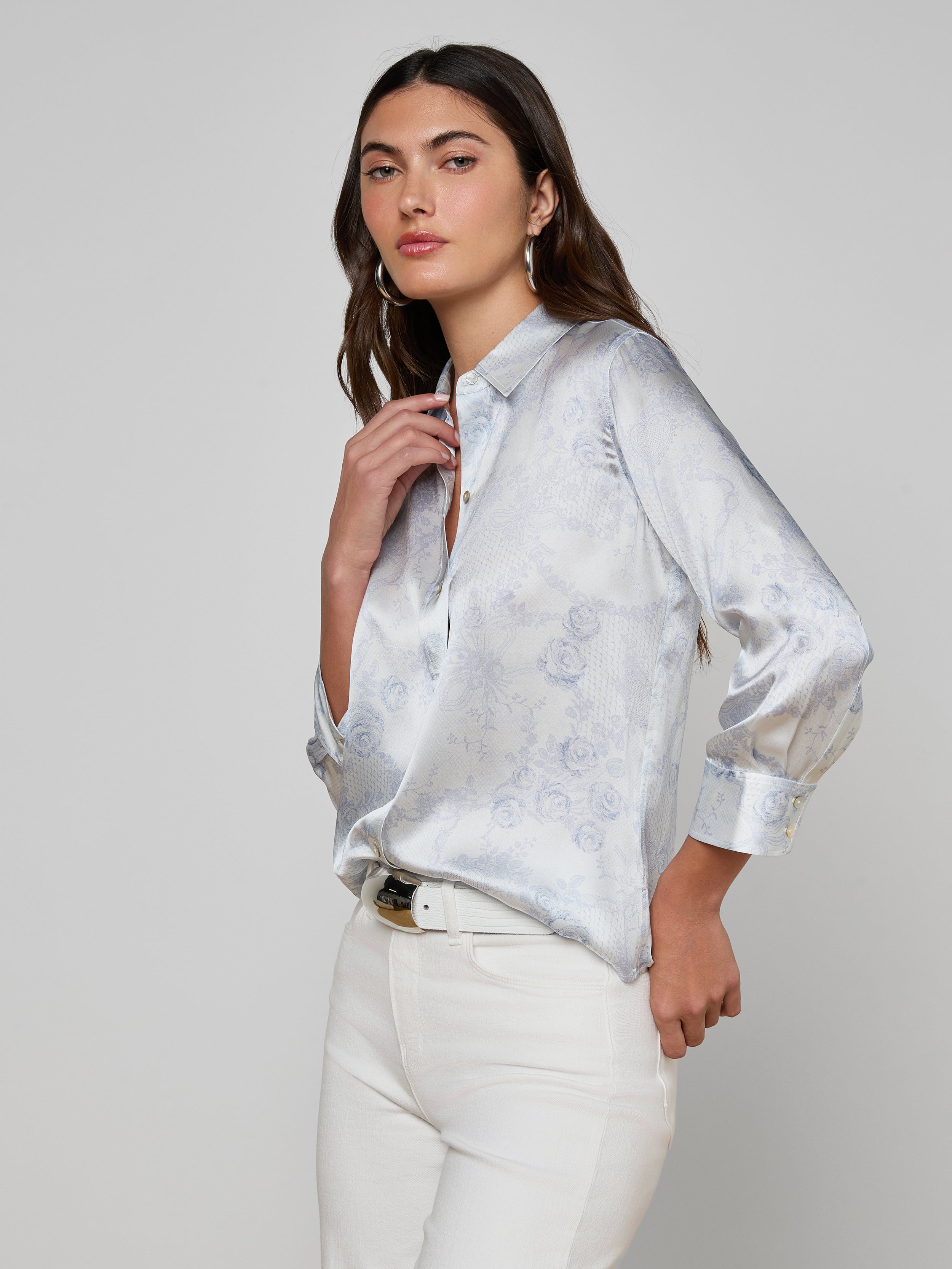 Dani Silk Blouse Top In Ivory/pale Mist Blue Lace Print