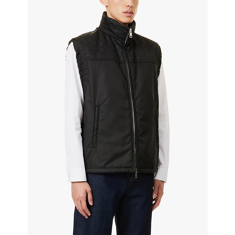 Mens Black Monogram-print Collared Padded Shell-down Gilet
