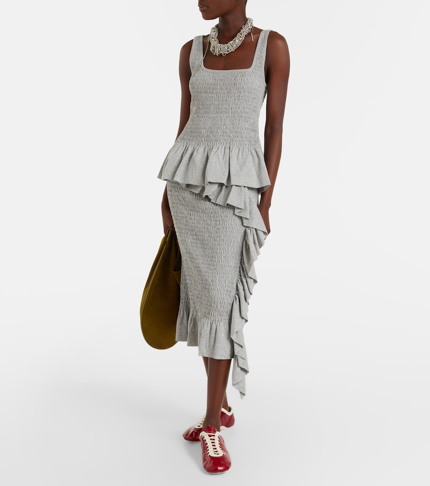 Ruffled smocked cotton midi skirt