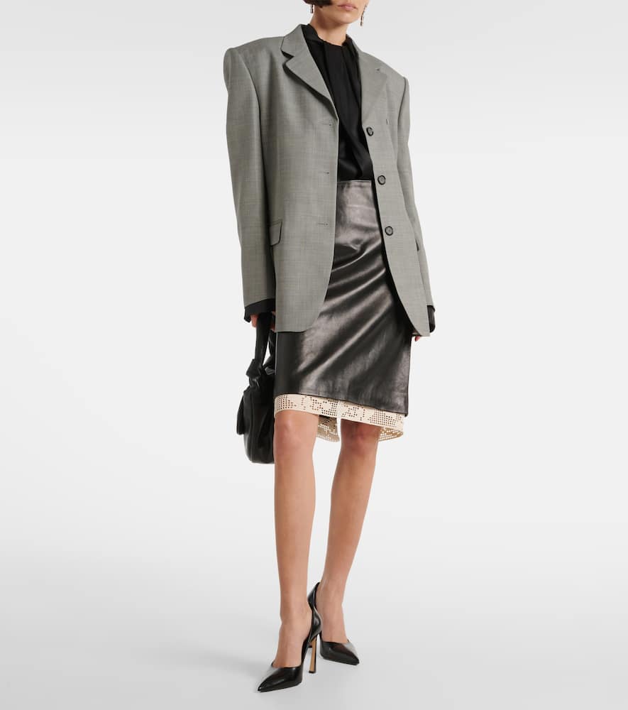 Lace-trimmed leather midi skirt