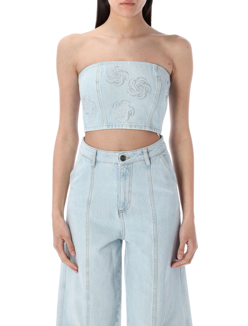 Denim Embellished Strapless Crop Top
