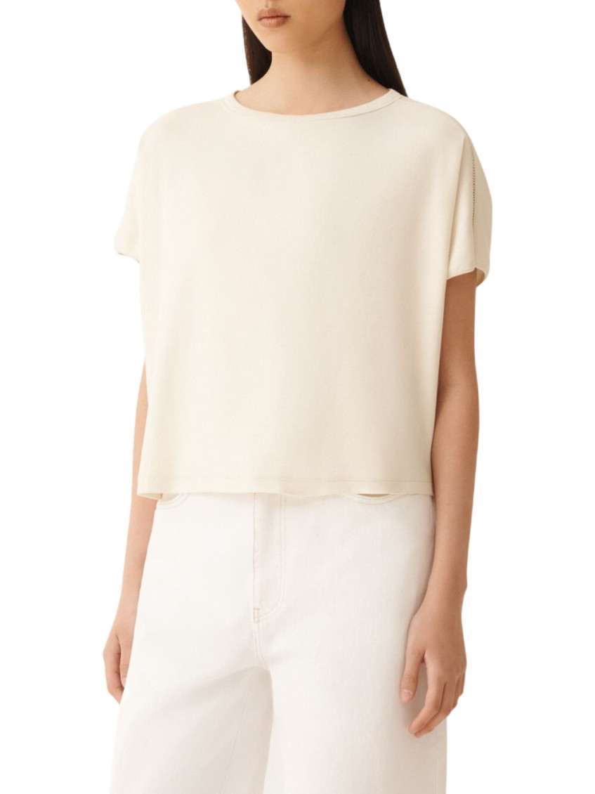 Ribbed Jersey T-Shirt With Knit Detail On Shoulder White Cotton Elastane - Women