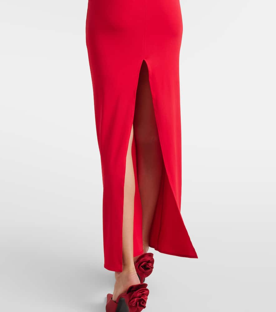 Floral-appliqué ruched jersey gown