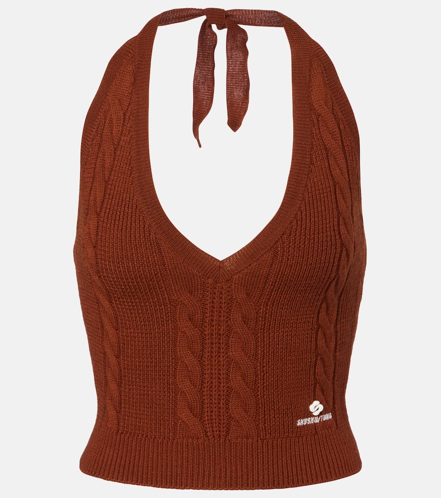 Cable-knit halterneck wool top