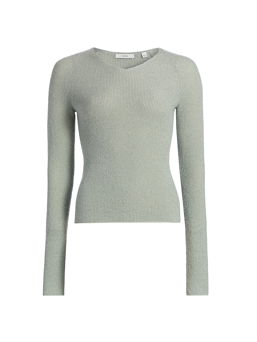 Women's Metallic Rib-Knit V-Neck Sweater - Light Aloe Stone Metallic