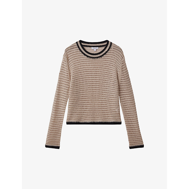 Womens Neutral/navy Astrid Contrast-tip Relaxed-fit Knitted Jumper