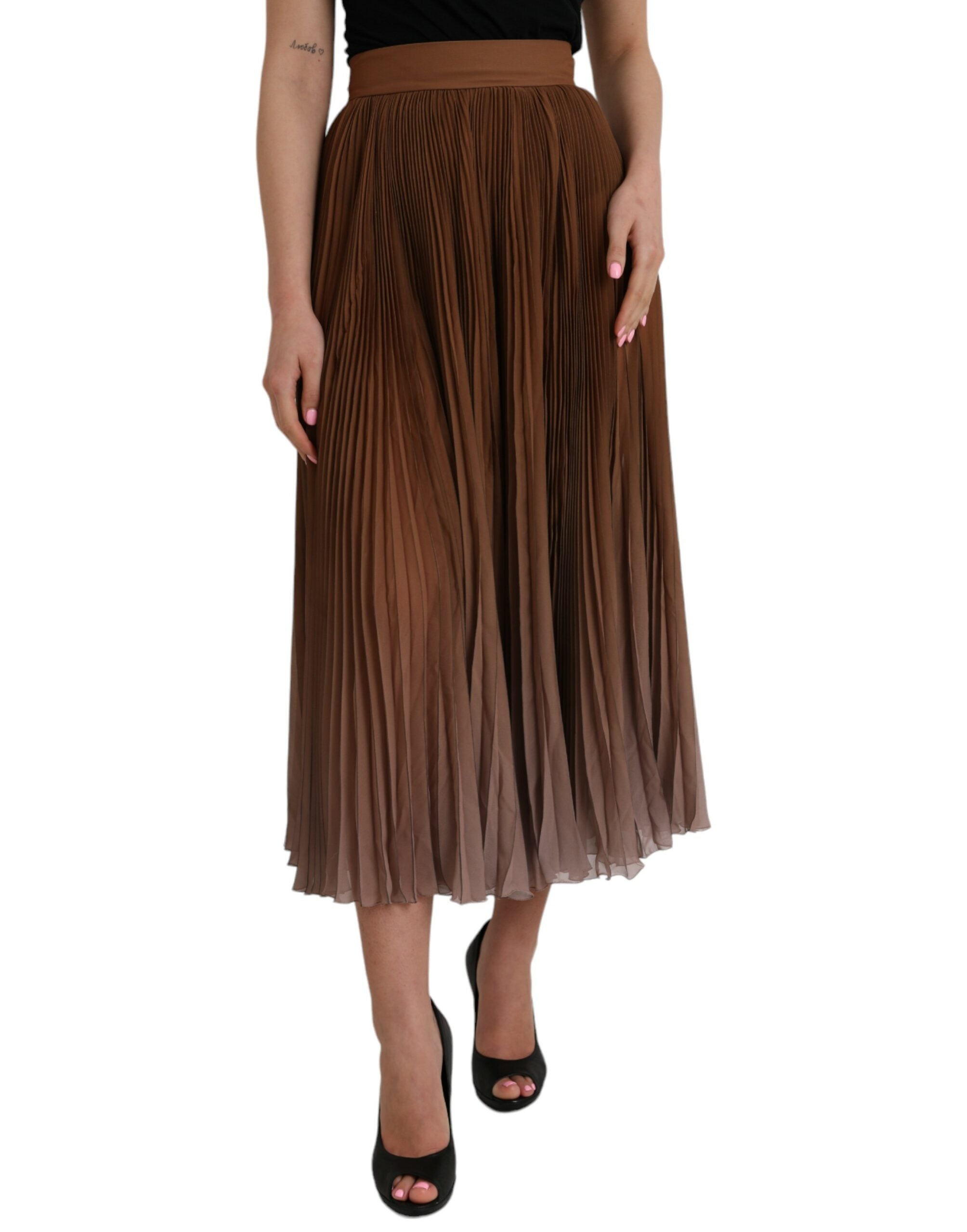 Pleated Polyester Skirt — Brown