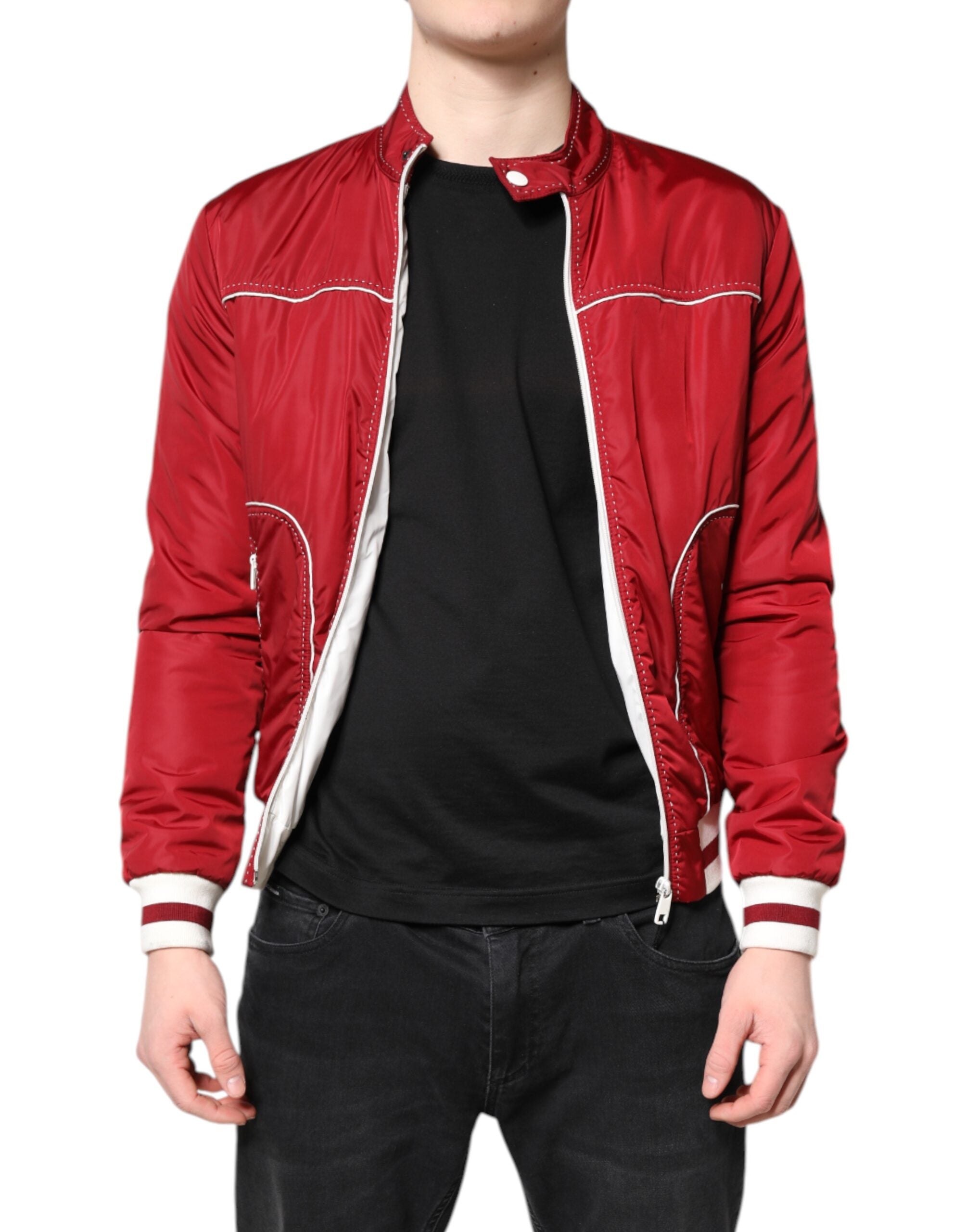 Nylon Full-Zip Bomber Jacket — Red