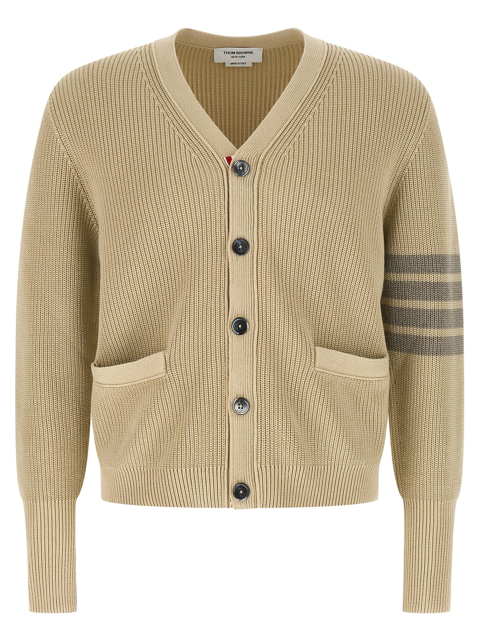 Cotton V-Neck with RWB Grosgrain Detail Cardigan — Beige