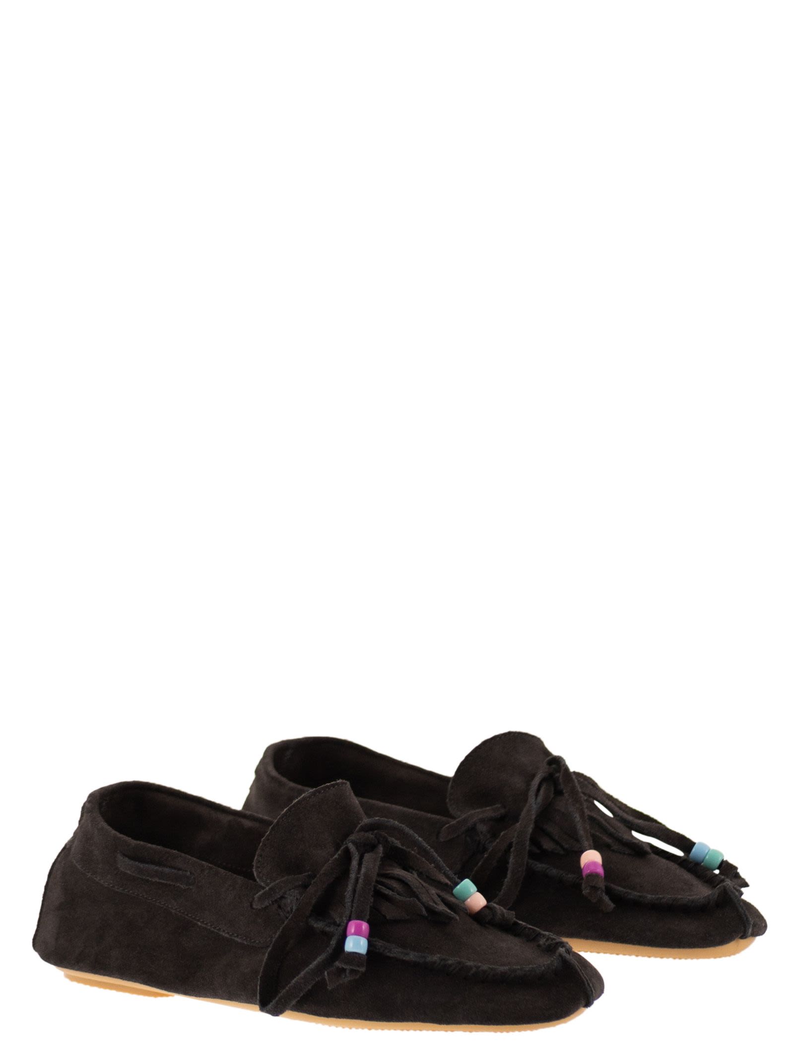 Anniel Suede Loafers With Fringes And Decorative Lace