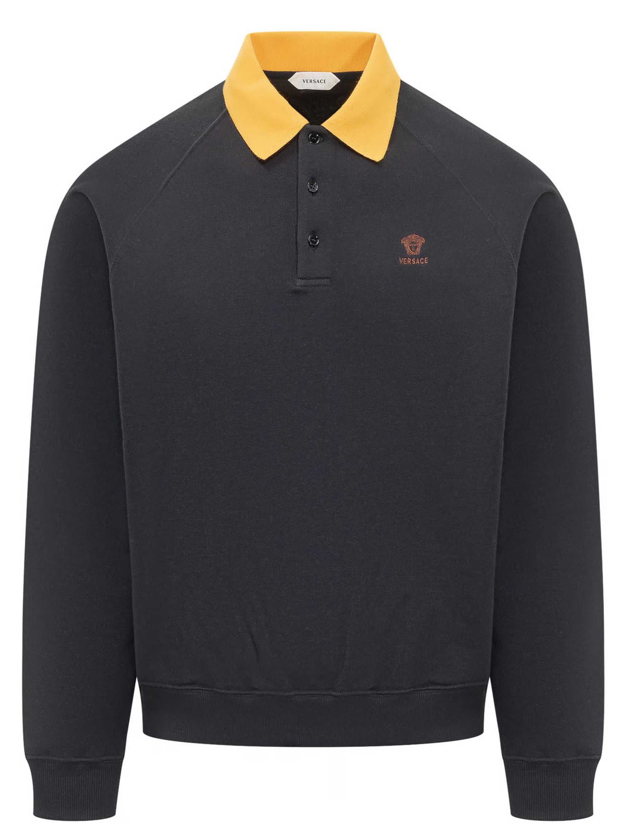 Polo Collar Cotton Sweatshirt with Front Buttons and Embroidered Logo