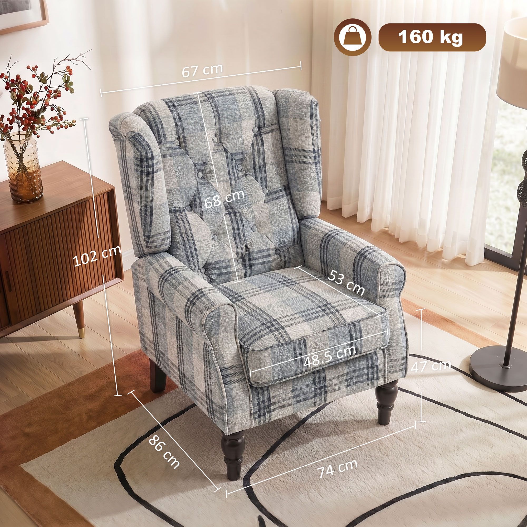 Homcom Accent Chair Wingback Armchair Retro Tufted Club Wood Fabric, Mixed