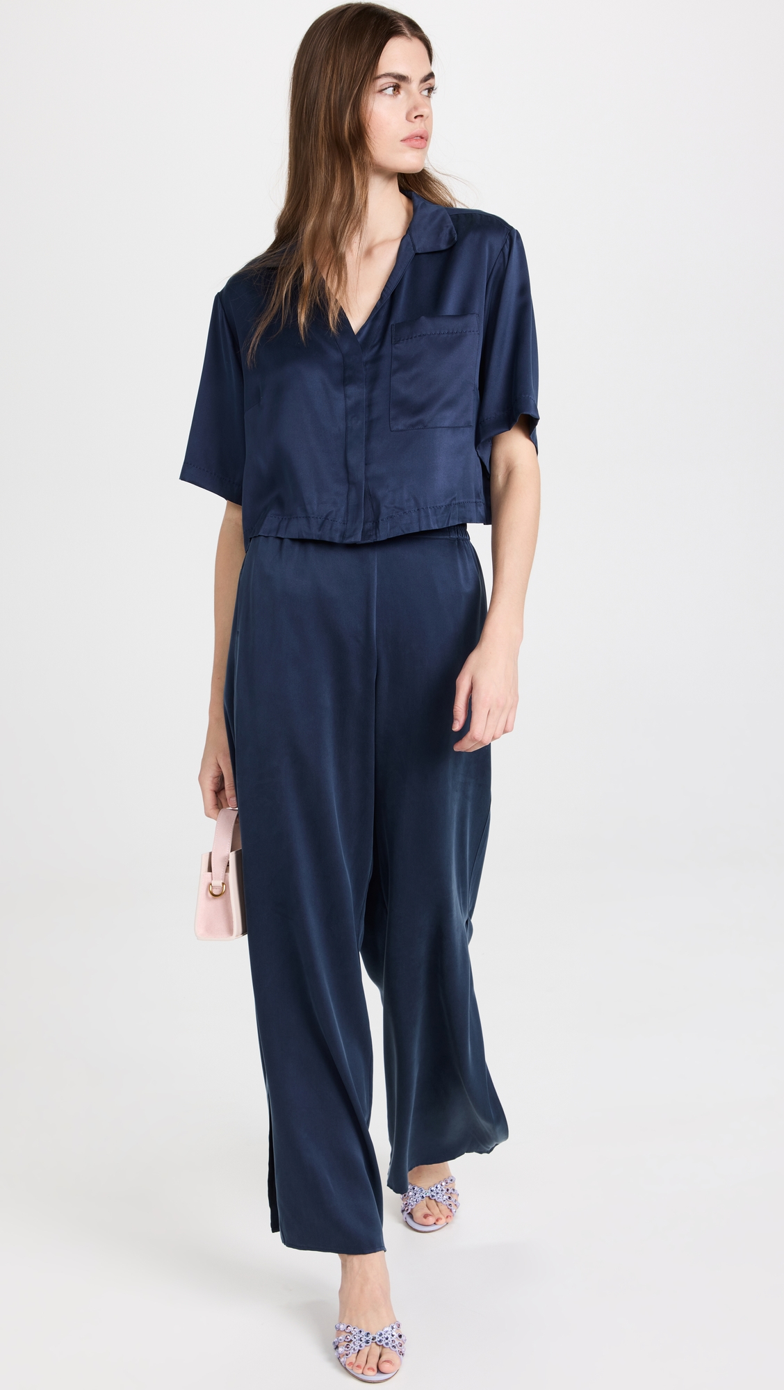 Washable Silk High Rise Pant Set Deep Blue