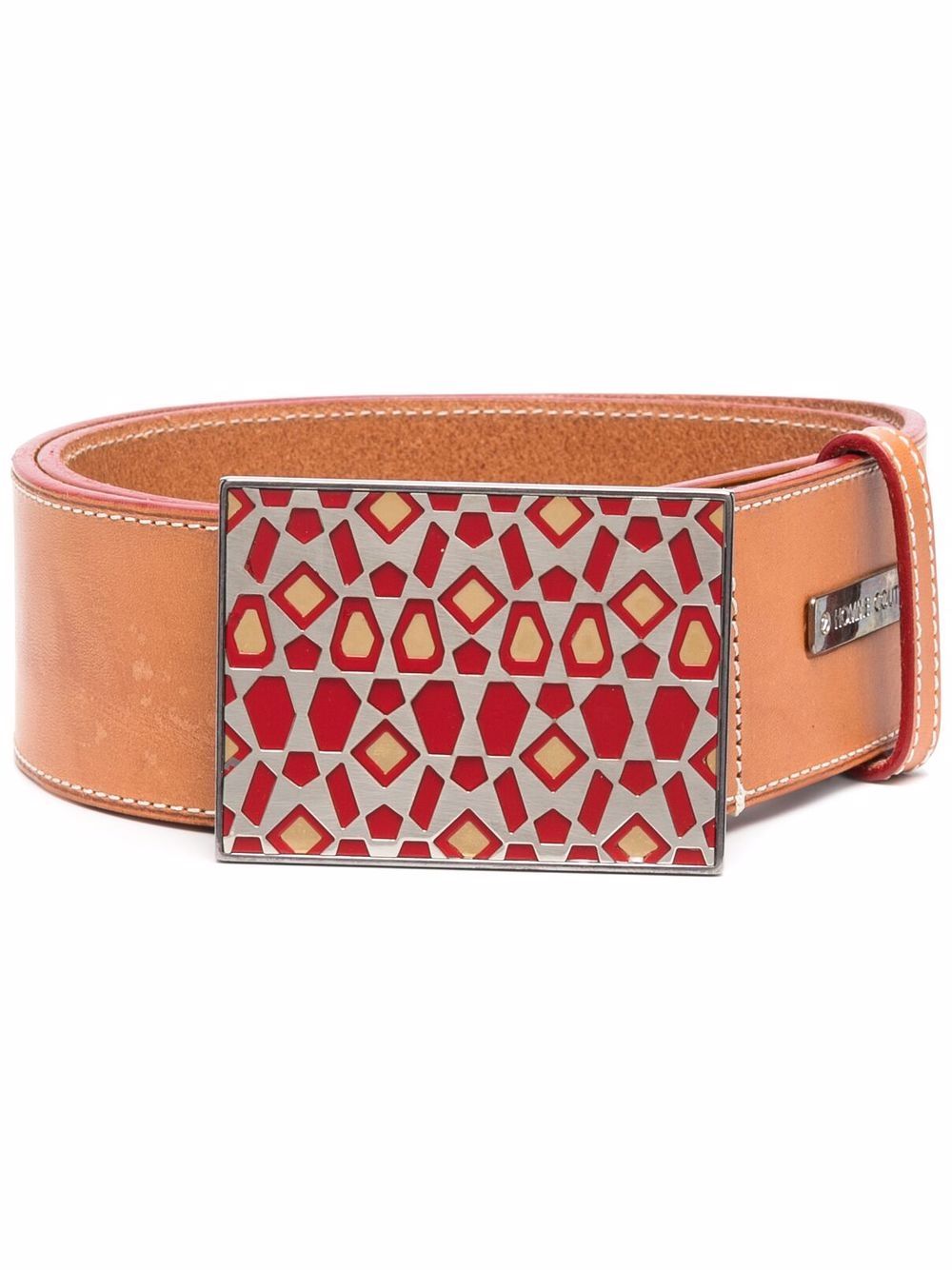 1990s geometric-printed buckle leather belt - Brown