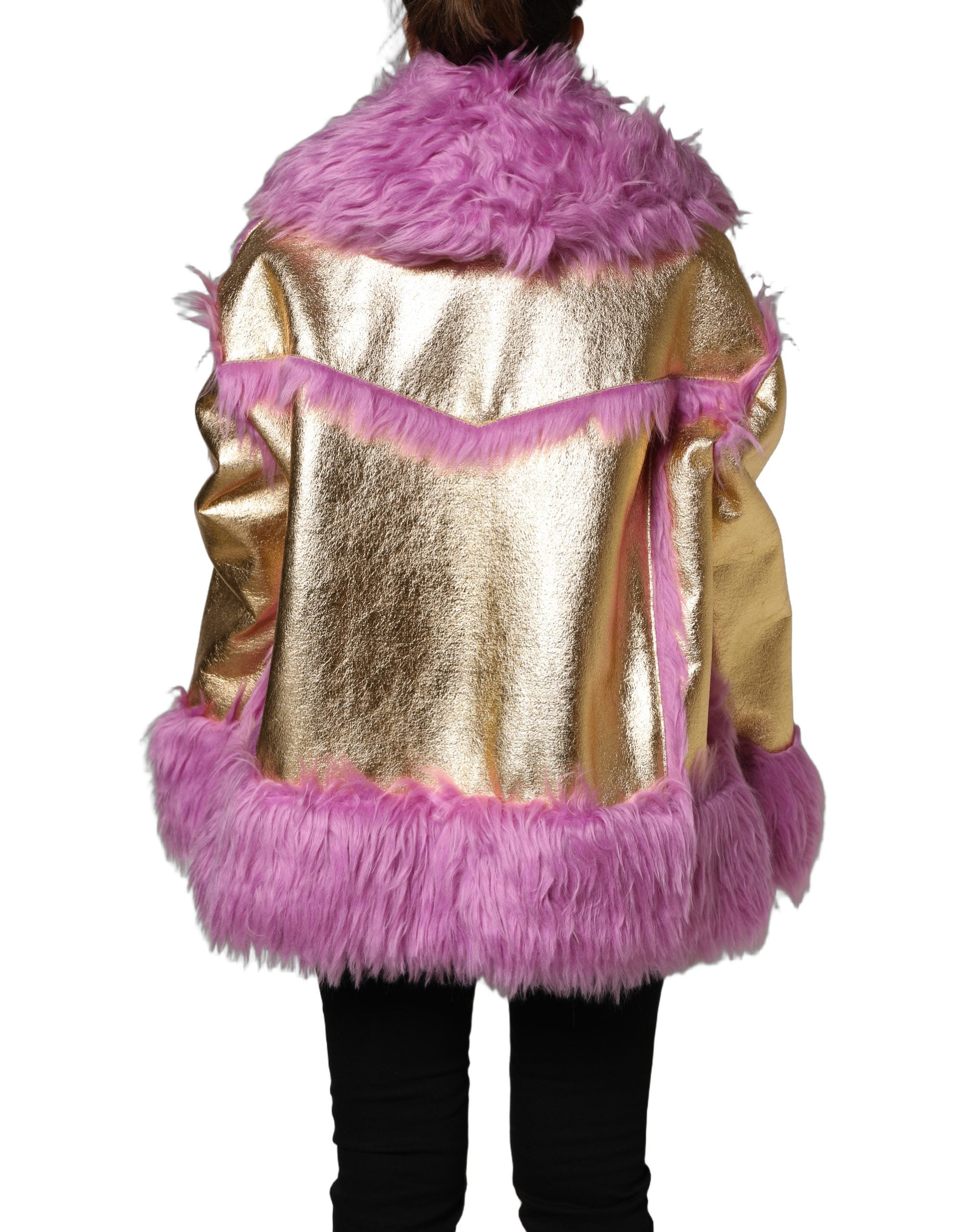 Plush Faux Fur and Gold Leather Coat — Pink