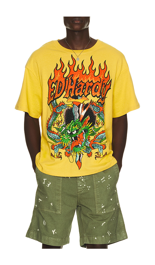 Ed Hardy Dragons Boxy Rhinestone Tee in Mustard. XL/1X. Also in S