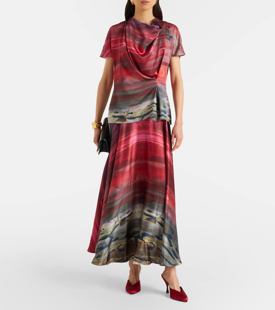 Printed draped silk satin top