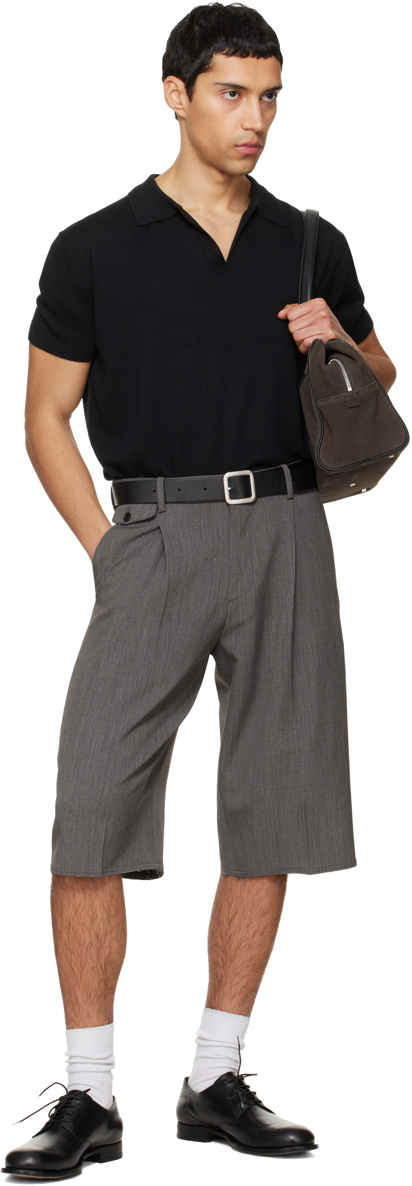 Black Silk Cashmere Open Collar Knit Polo