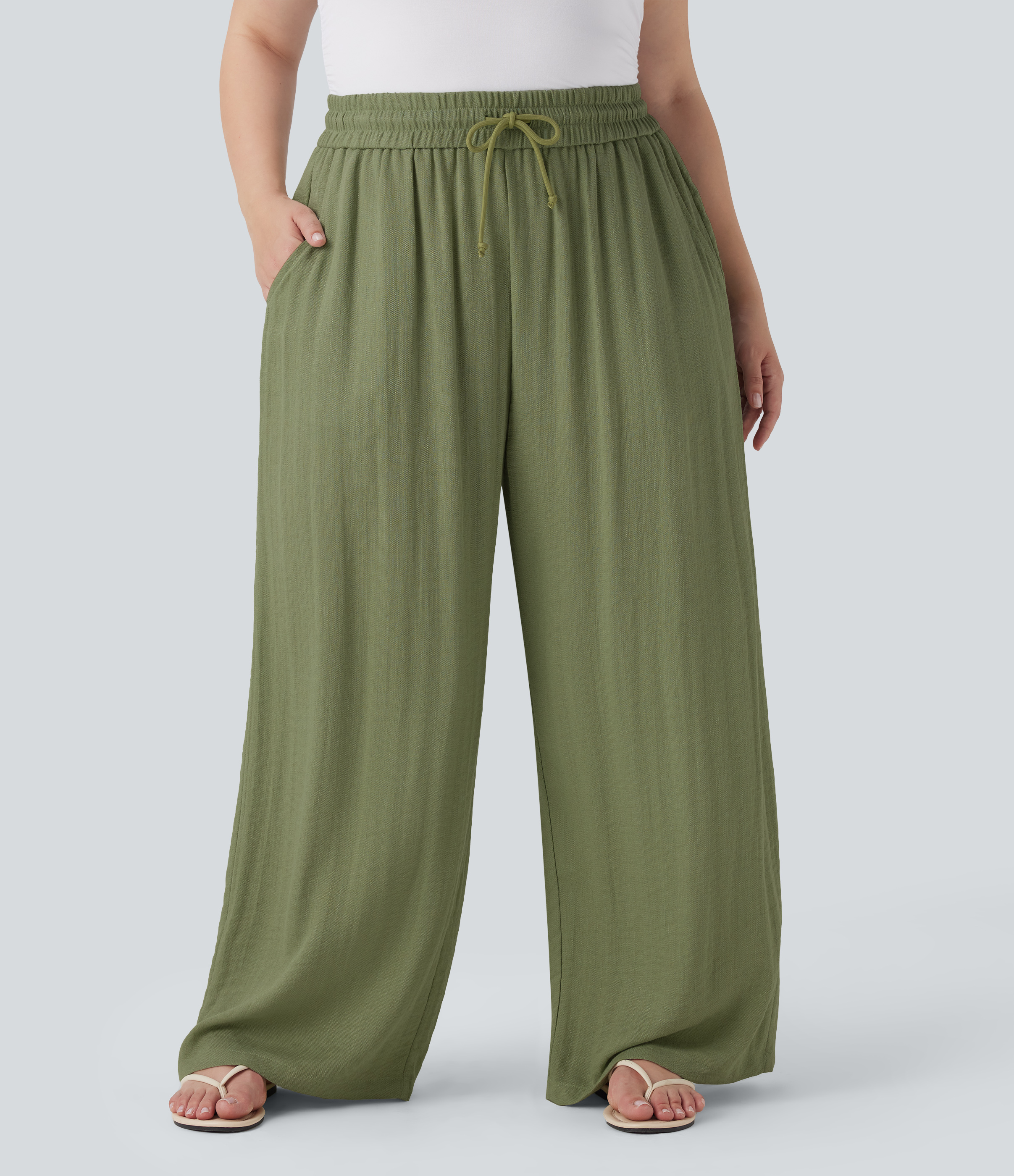 High Waisted Drawstring Linen-Feel Wide Leg Casual Plus Size Pants with Pockets  - Loden Green