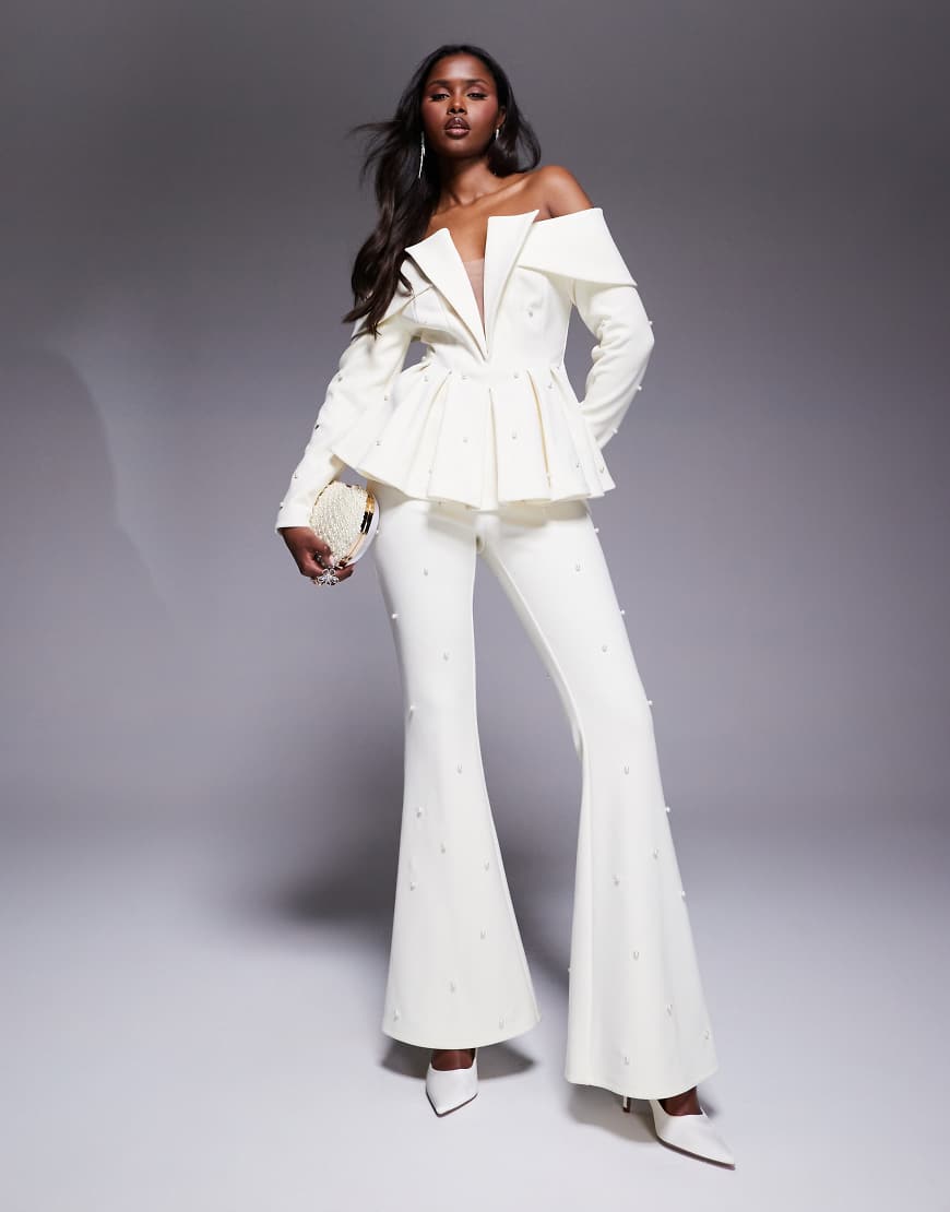 Tailored pants with pearl embellishment in cream - part of a set-White