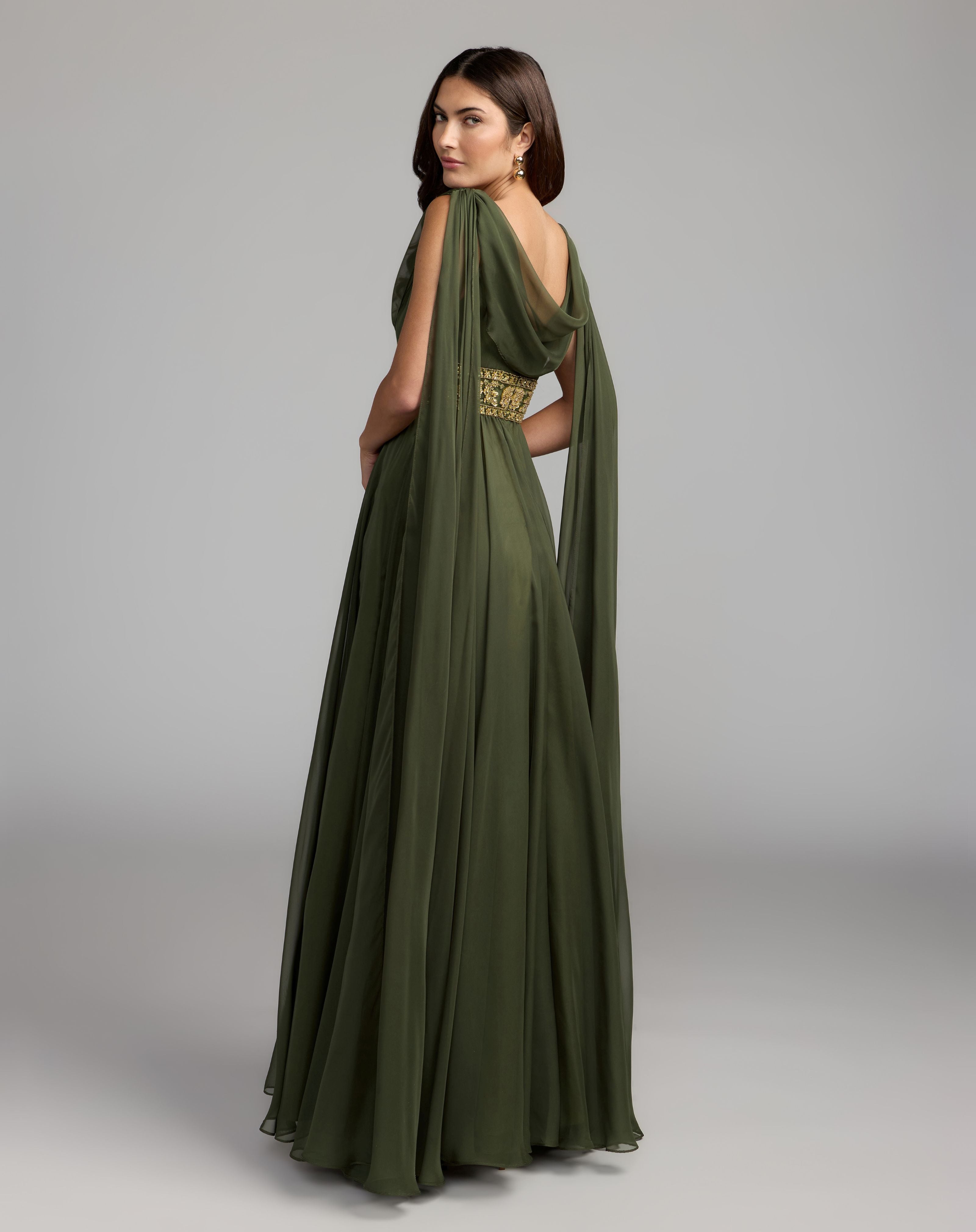 Olive Cowl Chiffon Gown With Embellished Waist