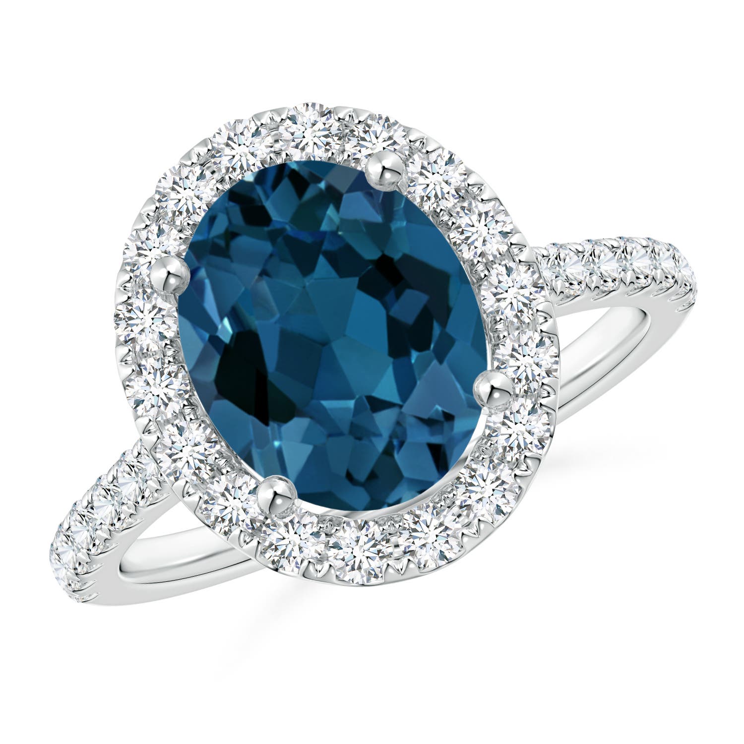 Angara 3.25 Carats Prong-Set Oval London Blue Topaz Halo Ring with Diamond Accents in Platinum