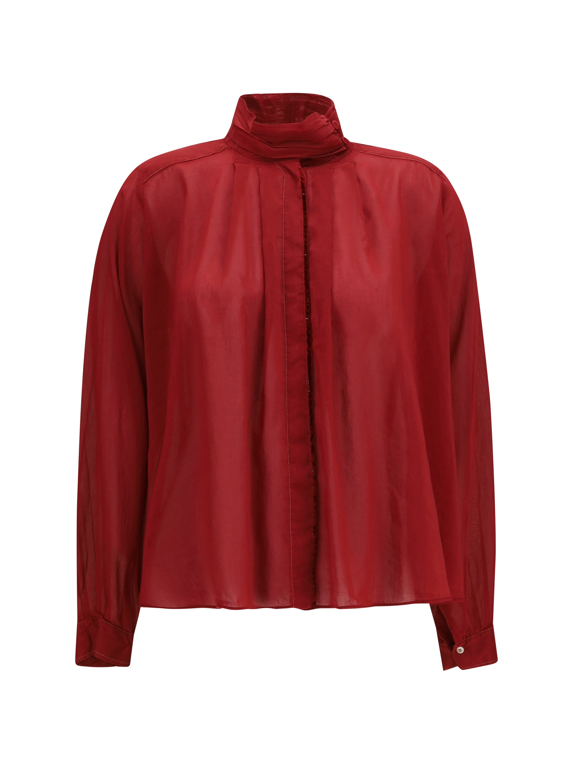 Pleated High-Neck Blouse — Red