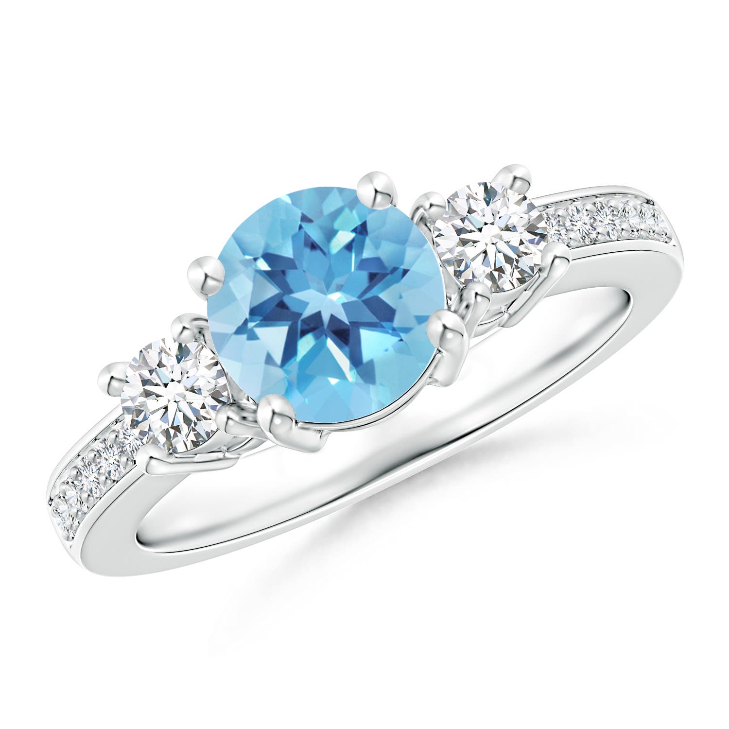 Angara 1.55 Carats Classic Three Stone Round Swiss Blue Topaz and Diamond Engagement Ring in Platinum