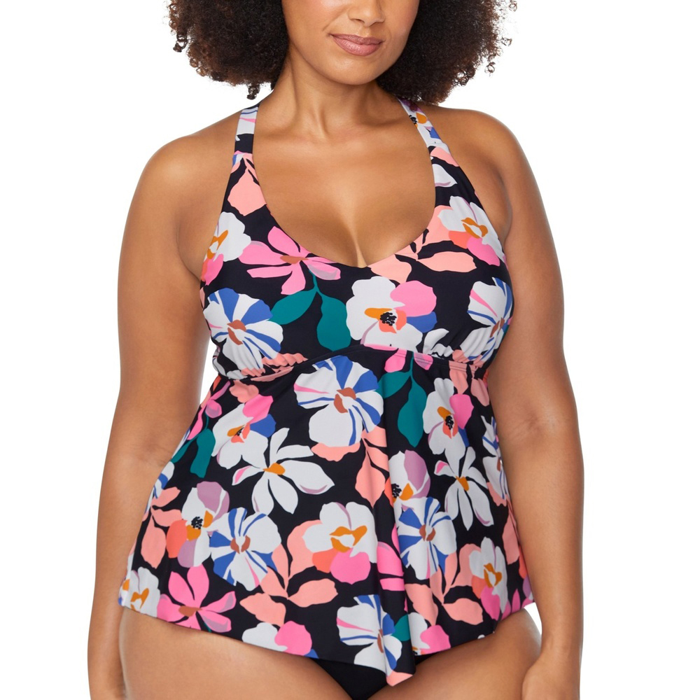 Multi Colored Trendy Plus Aviva Floral Black Underwire Tankini Swim Top