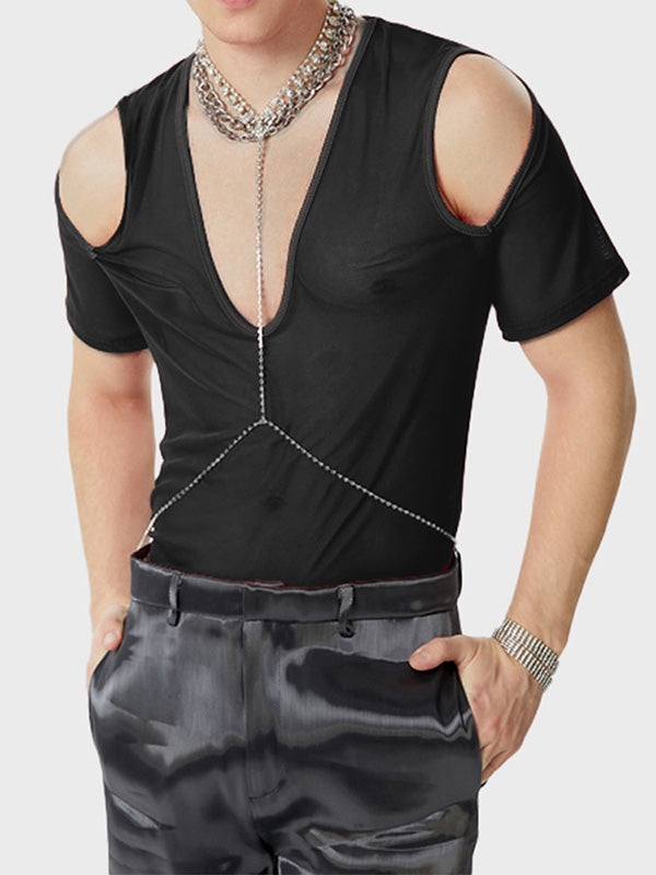 Mens Mesh Off-Shoulder V-Neck T-Shirt SKUK66766 - Black / S