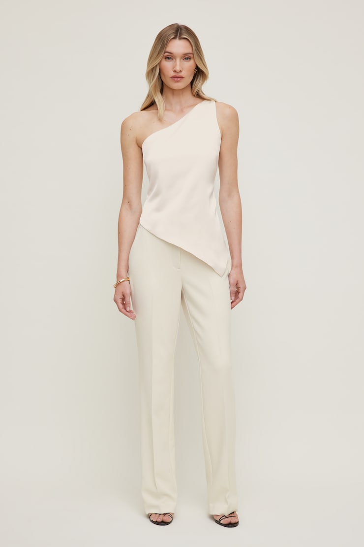 Single Shoulder Satin Top - Beige - Women Clothing