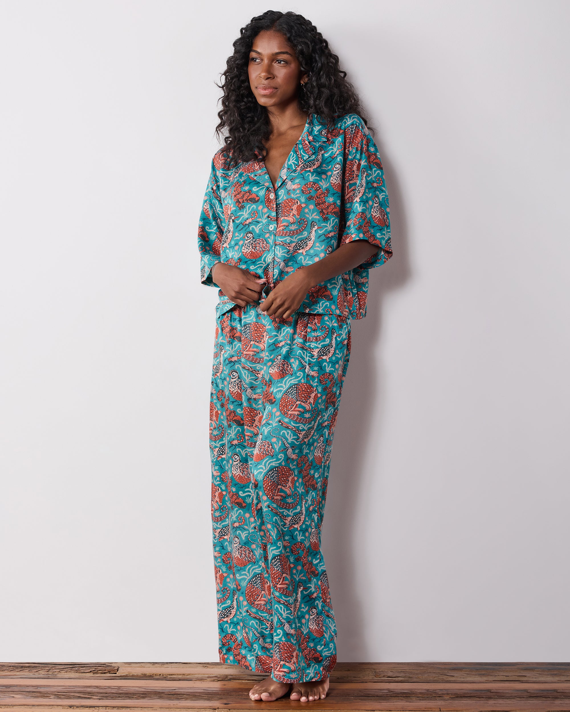 Eco Silky Short Sleeve and Pants Pajama Set in Canyon Critters | Women's Petite XXL/P | Blue | | Sleepwear