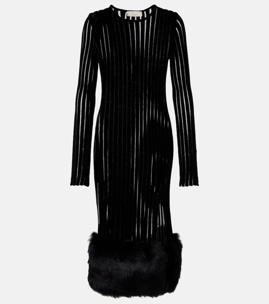 Knit faux fur-trimmed midi dress