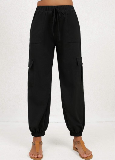 Modlily Black Double Side Pockets Jogger Elastic Waist Pant