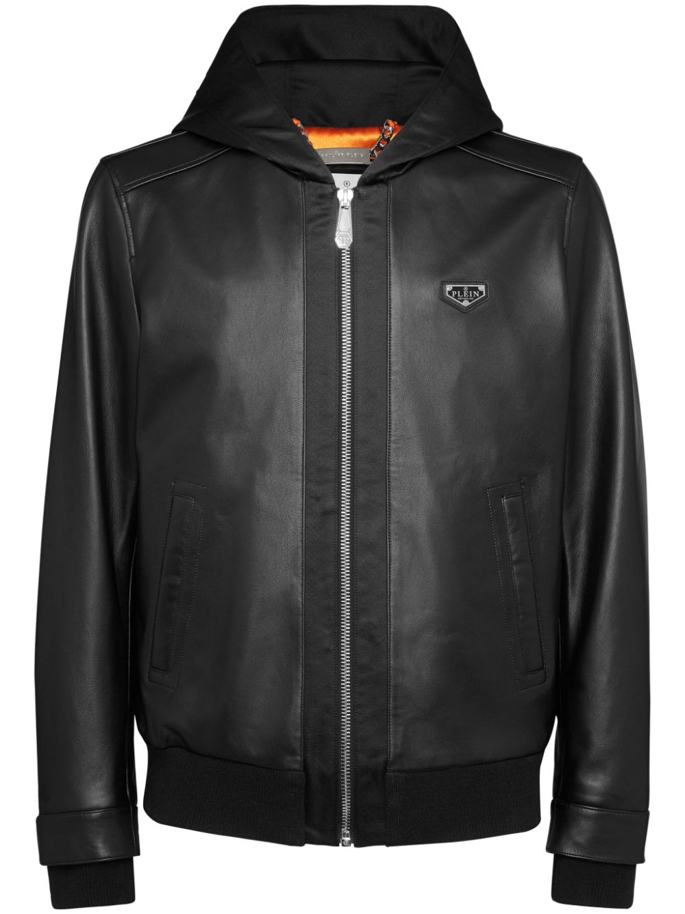 Leather hooded bomber jacket - Black