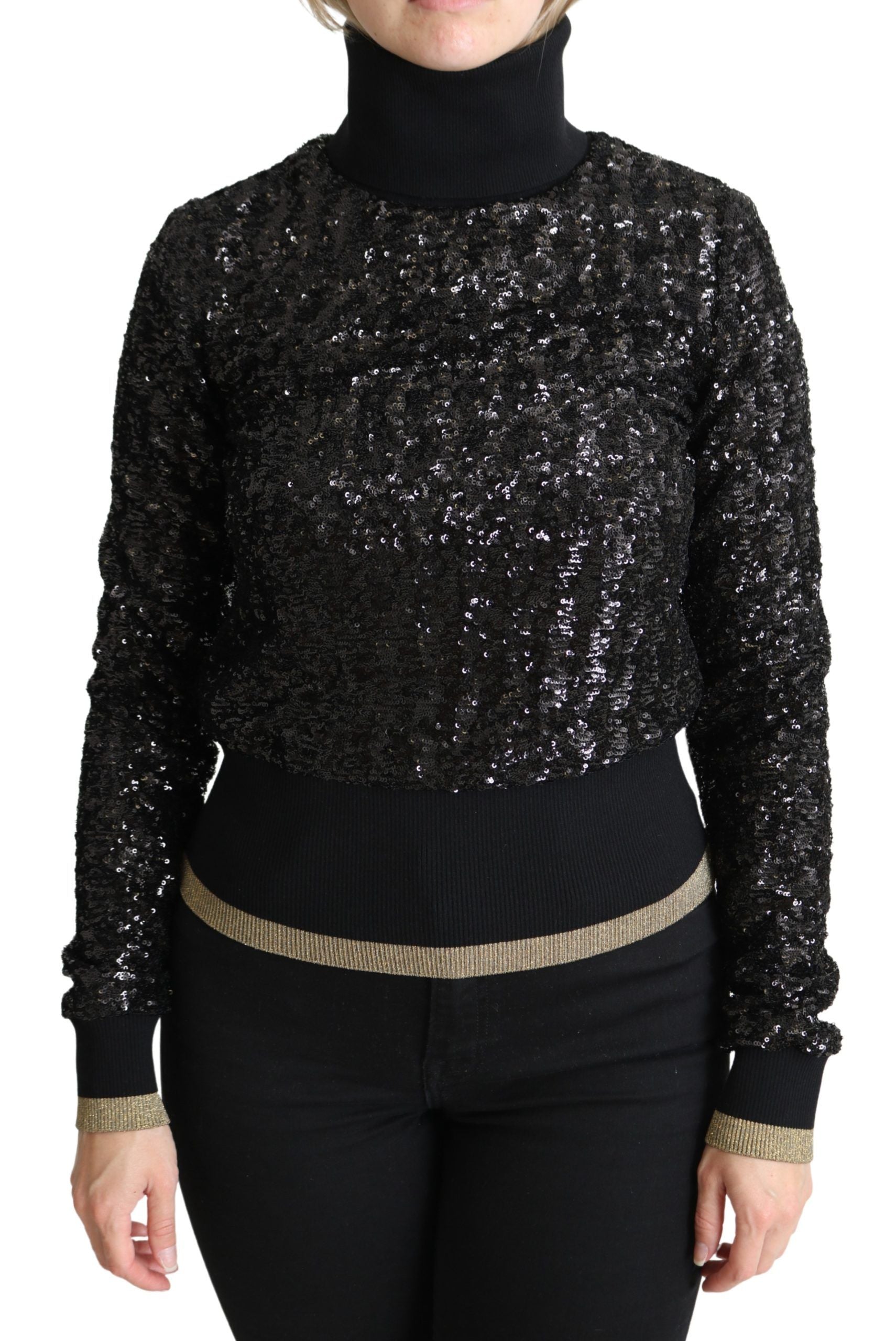 Sequined Knit Turtleneck Sweater — Black