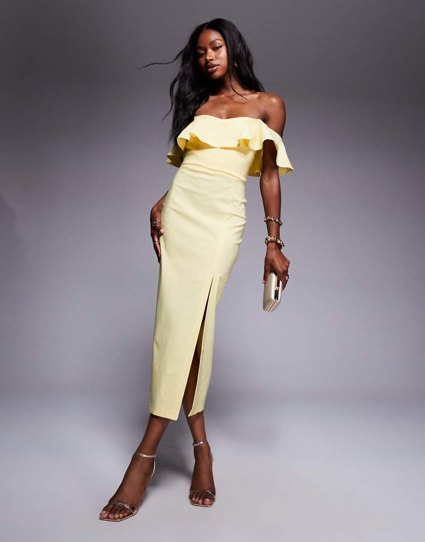 Bengaline frill bardot side split midi dress in lemon-Yellow