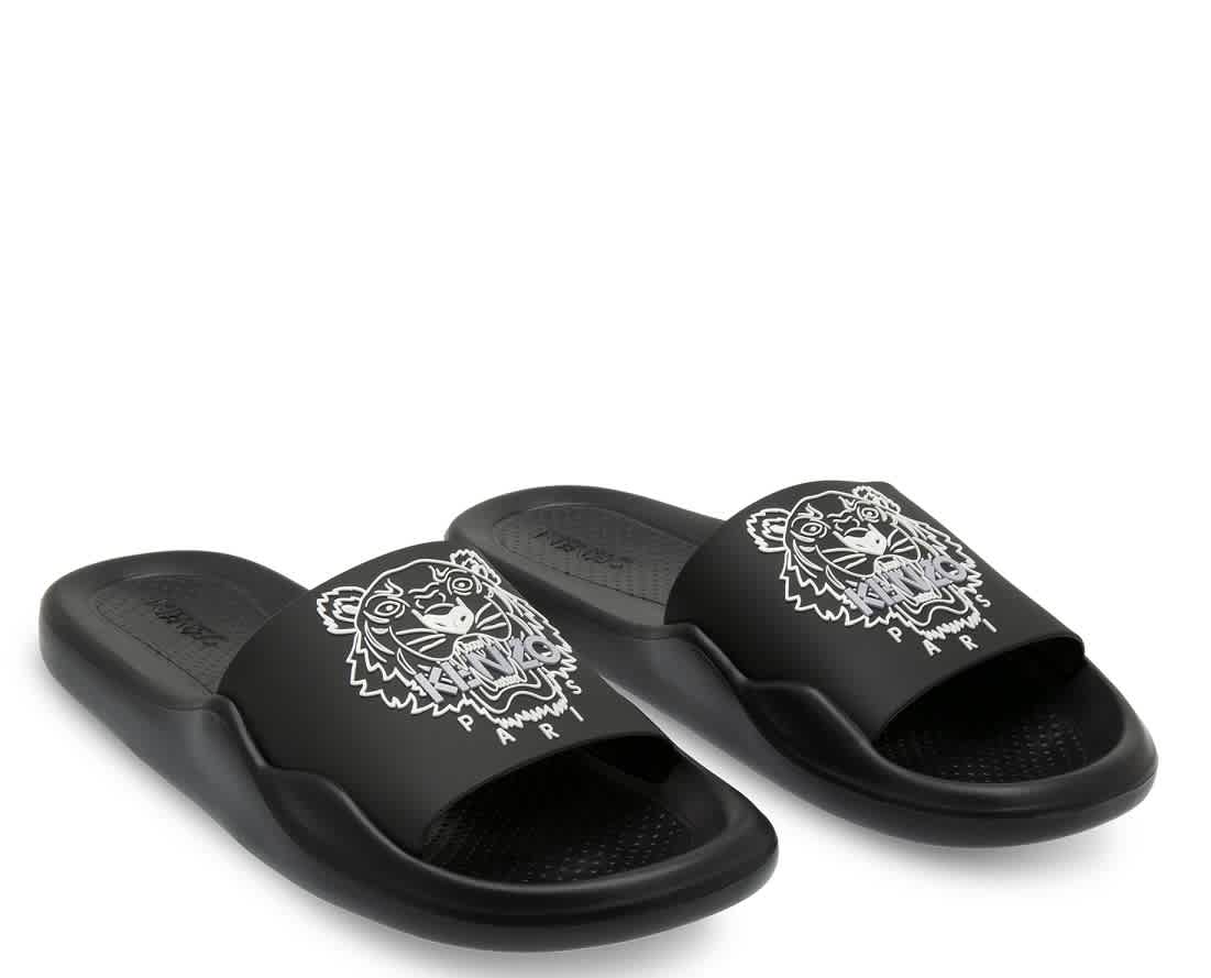 Ladies Tiger Rubber Pool Slides In Black
